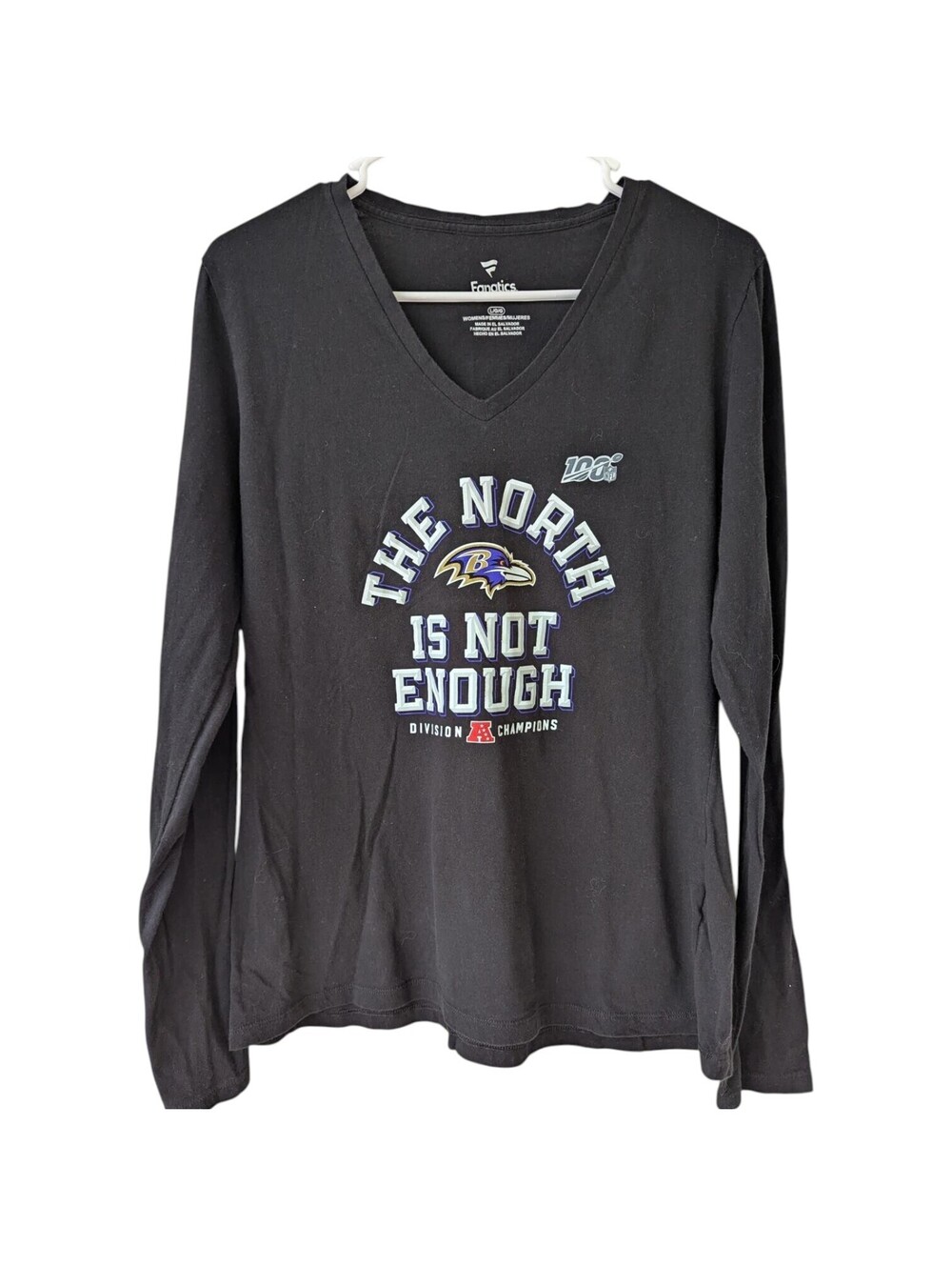 Fanatics Baltimore Ravens Womens L Shirt Long Sleeve V-Neck NFL 100th 19x26